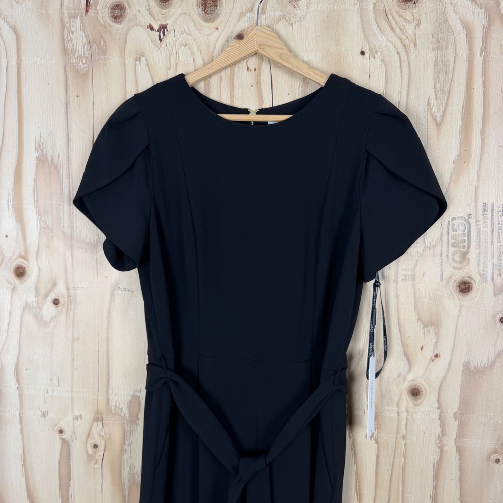 Calvin Klein Tie Waist Tulip Sleeve Jumpsuit Women 12 BLK Wide Leg Short Sleeve